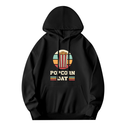 Retro Popcorn Day Vintage Circle Graphic Black Hoodie, Cozy Movie Lover Pullover