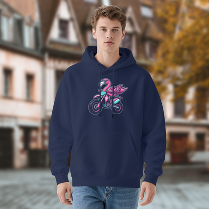 Cool Flamingo Riding Motorcycle Vibrant Graphic Soft Hoodie, Trendy Casual