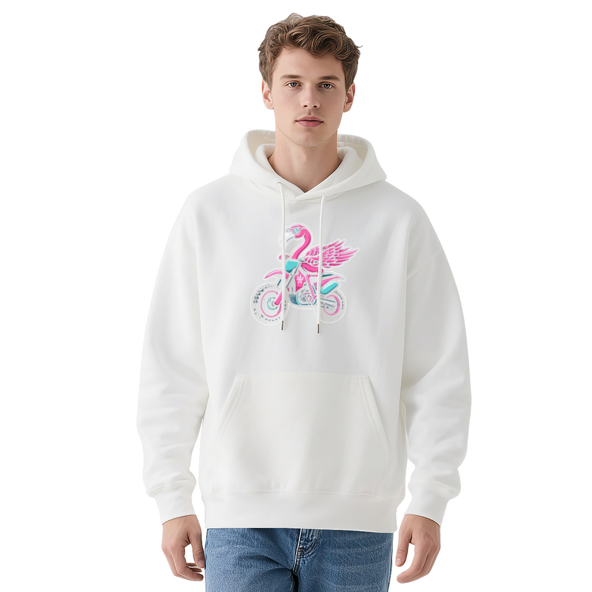 Cool Flamingo Riding Motorcycle Vibrant Graphic Soft Hoodie, Trendy Casual