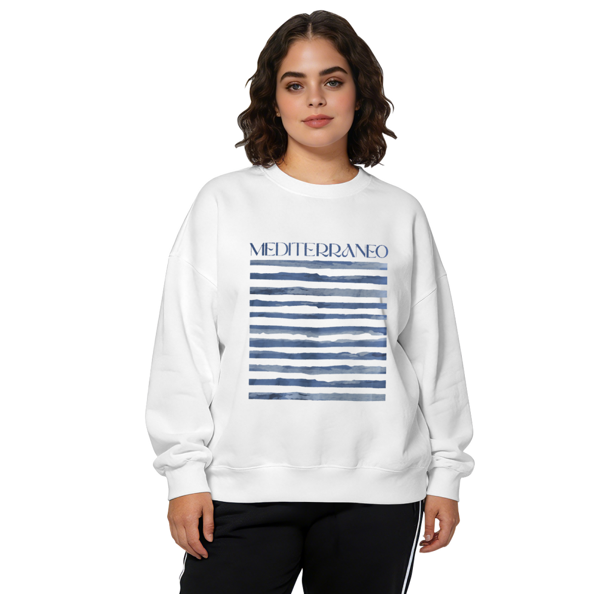 Mediterraneo Blue Watercolor Stripe Coastal Crewneck Sweatshirt