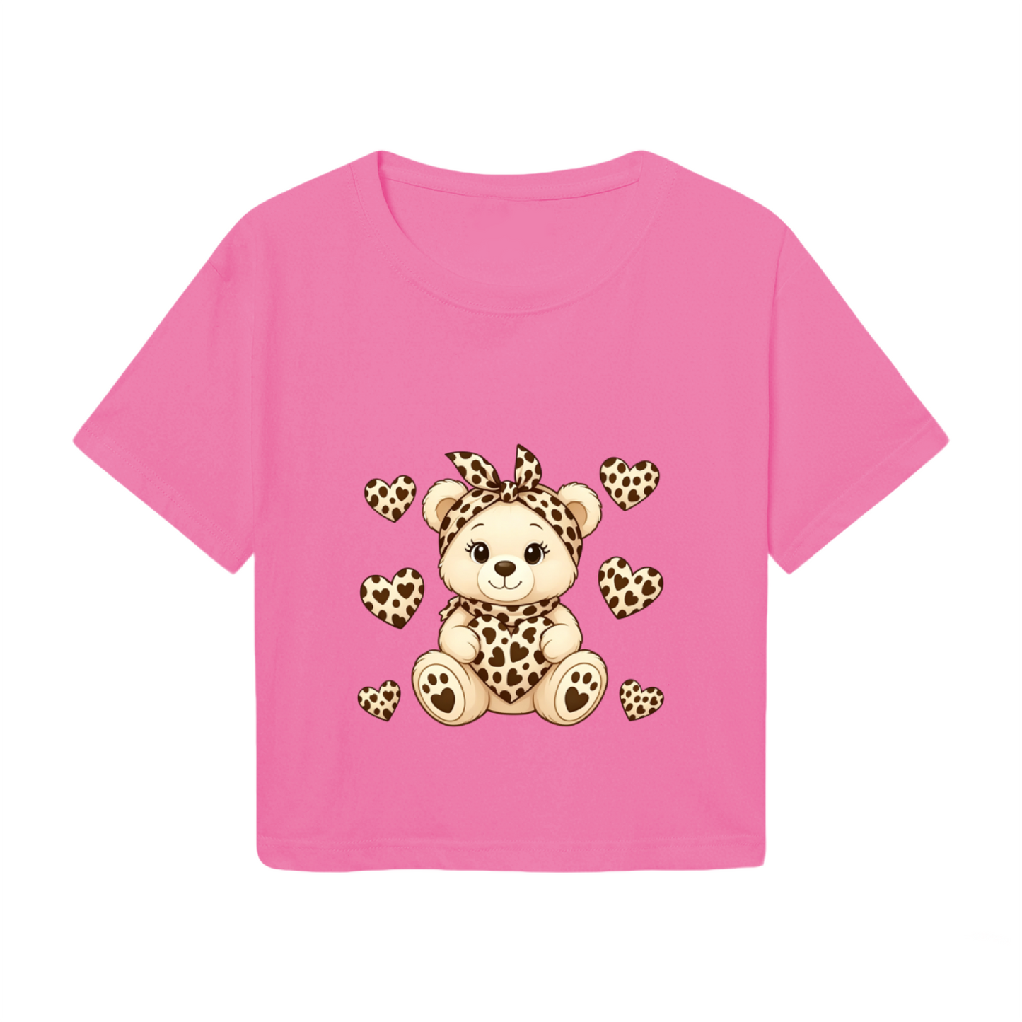 Adorable Leopard Print Bear & Hearts Sweet Pink Crop Top