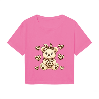 Adorable Leopard Print Bear & Hearts Sweet Pink Crop Top