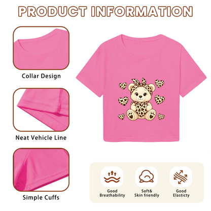 Adorable Leopard Print Bear & Hearts Sweet Pink Crop Top