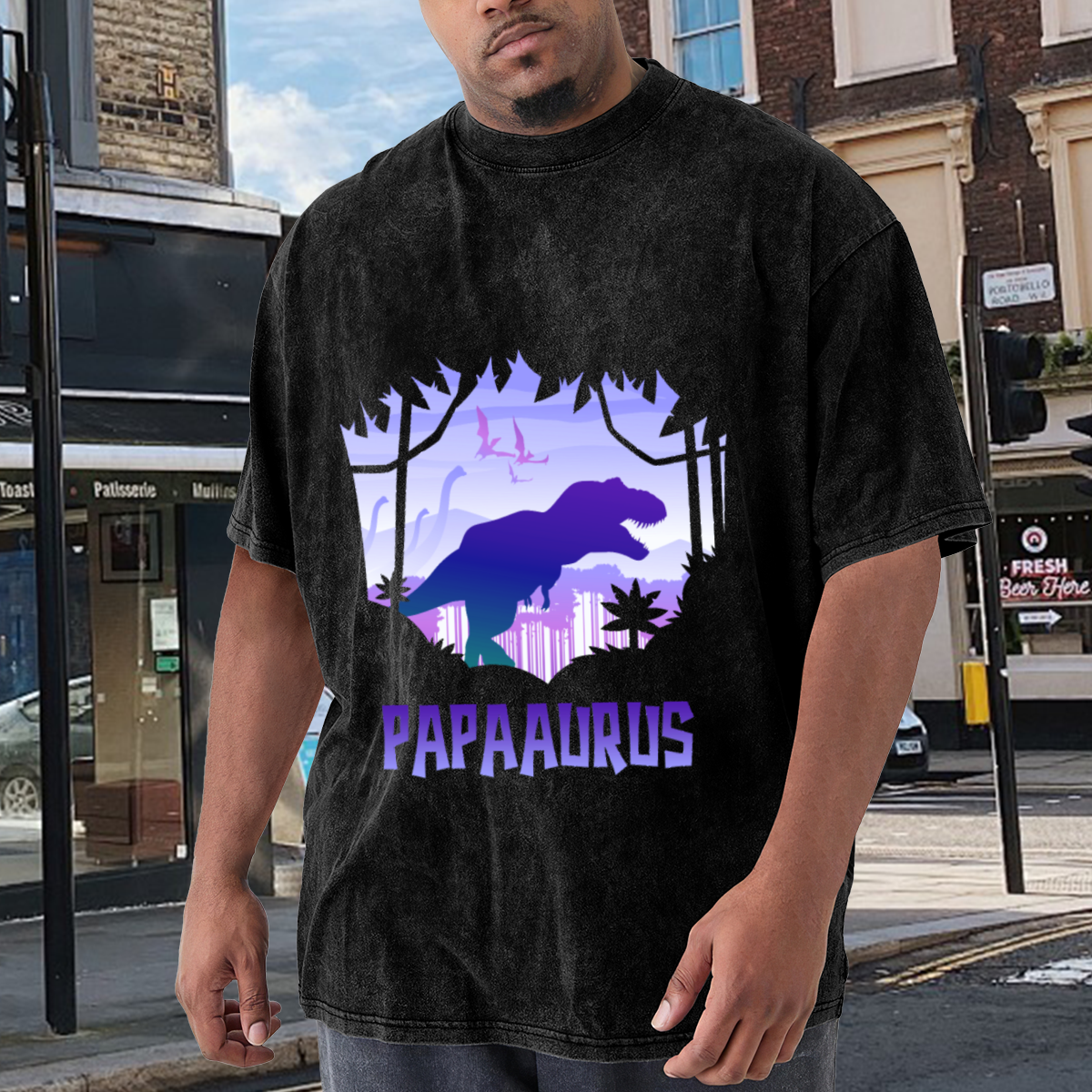 Papaaurus Dinosaur Dad Retro Purple Gradient Vintage Tee