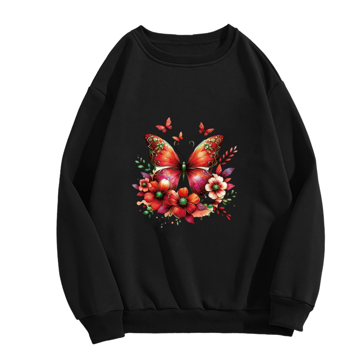 Bold Red Floral?Butterfly Art Black Crewneck Sweatshirt