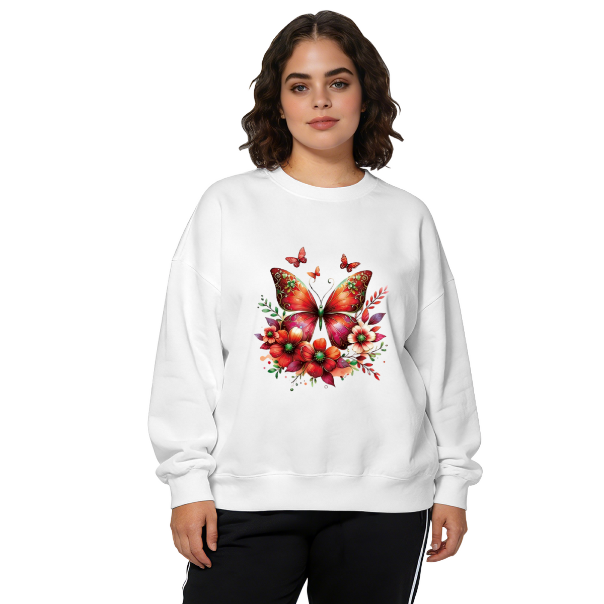 Bold Red Floral?Butterfly Art Black Crewneck Sweatshirt
