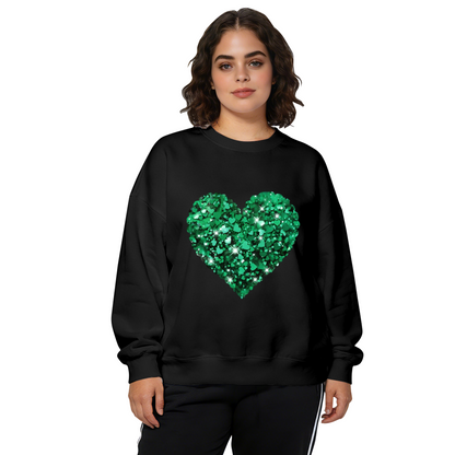 Shimmering Green Glitter Heart Graphic Black Crewneck Sweatshirt