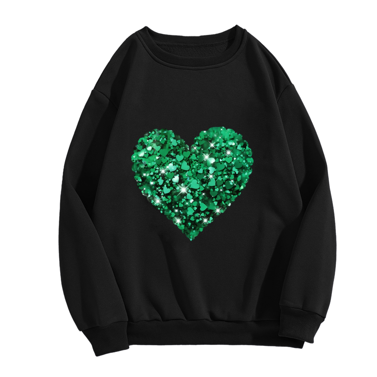 Shimmering Green Glitter Heart Graphic Black Crewneck Sweatshirt
