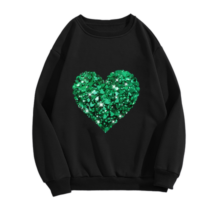 Shimmering Green Glitter Heart Graphic Black Crewneck Sweatshirt