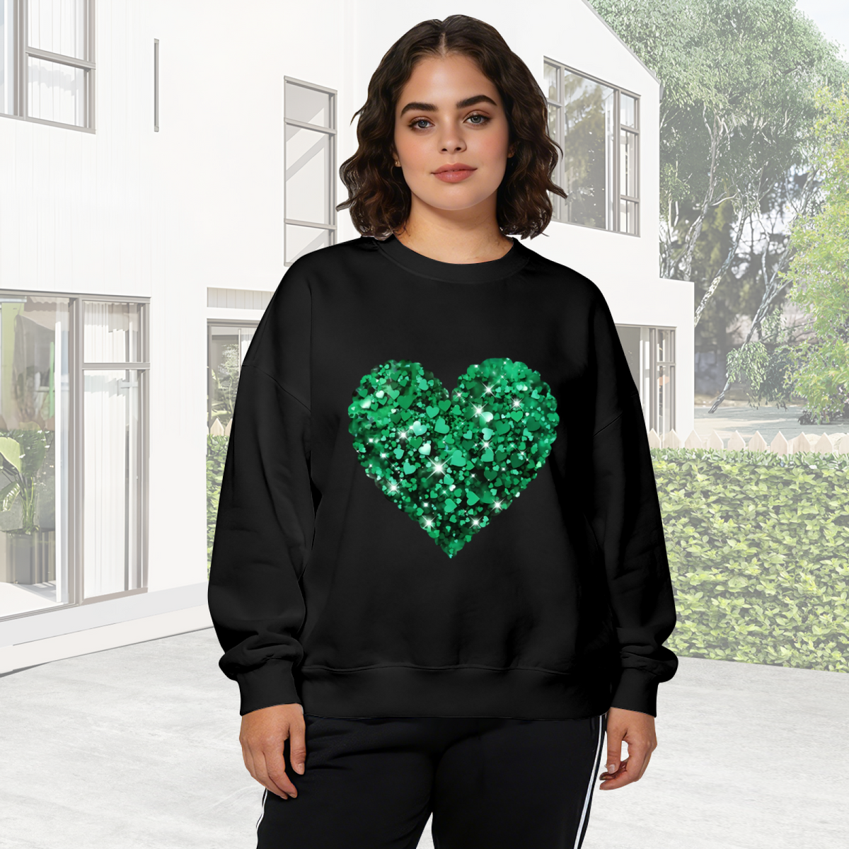 Shimmering Green Glitter Heart Graphic Black Crewneck Sweatshirt