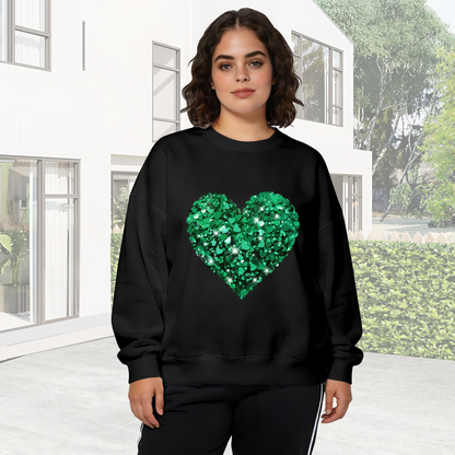 Shimmering Green Glitter Heart Graphic Black Crewneck Sweatshirt