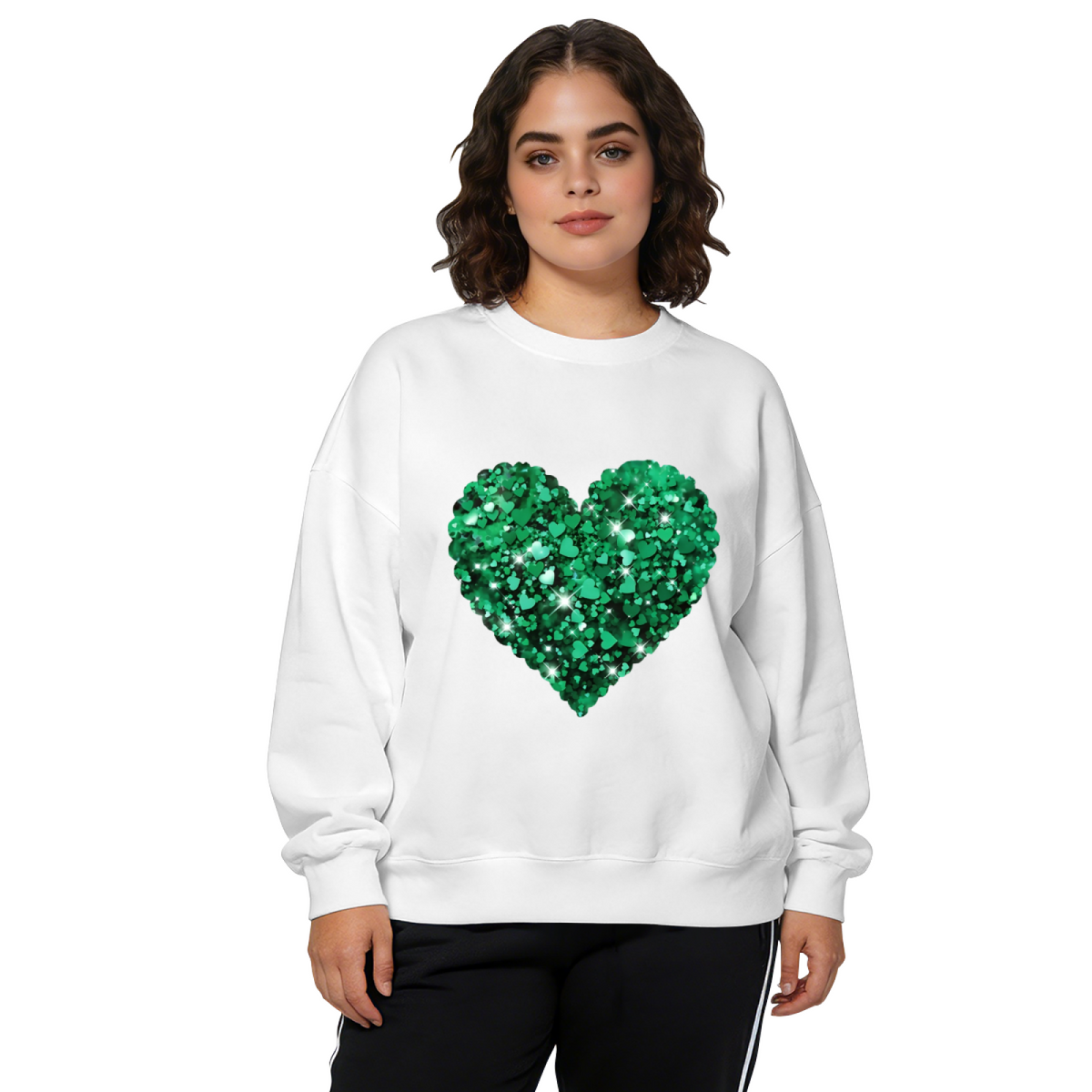 Shimmering Green Glitter Heart Graphic Black Crewneck Sweatshirt