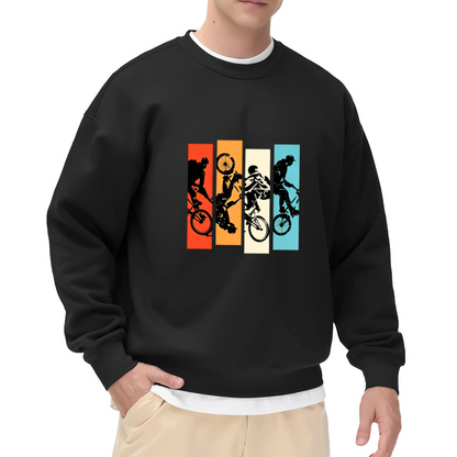 Retro Color Block BMX Rider Silhouette White Crewneck Sweatshirt