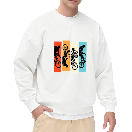 Retro Color Block BMX Rider Silhouette White Crewneck Sweatshirt