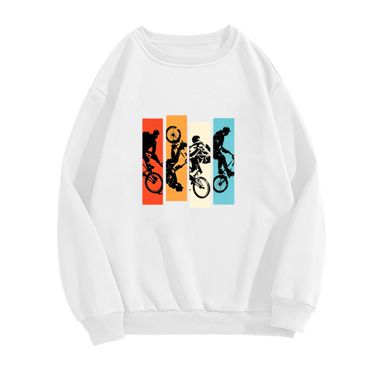 Retro Color Block BMX Rider Silhouette White Crewneck Sweatshirt