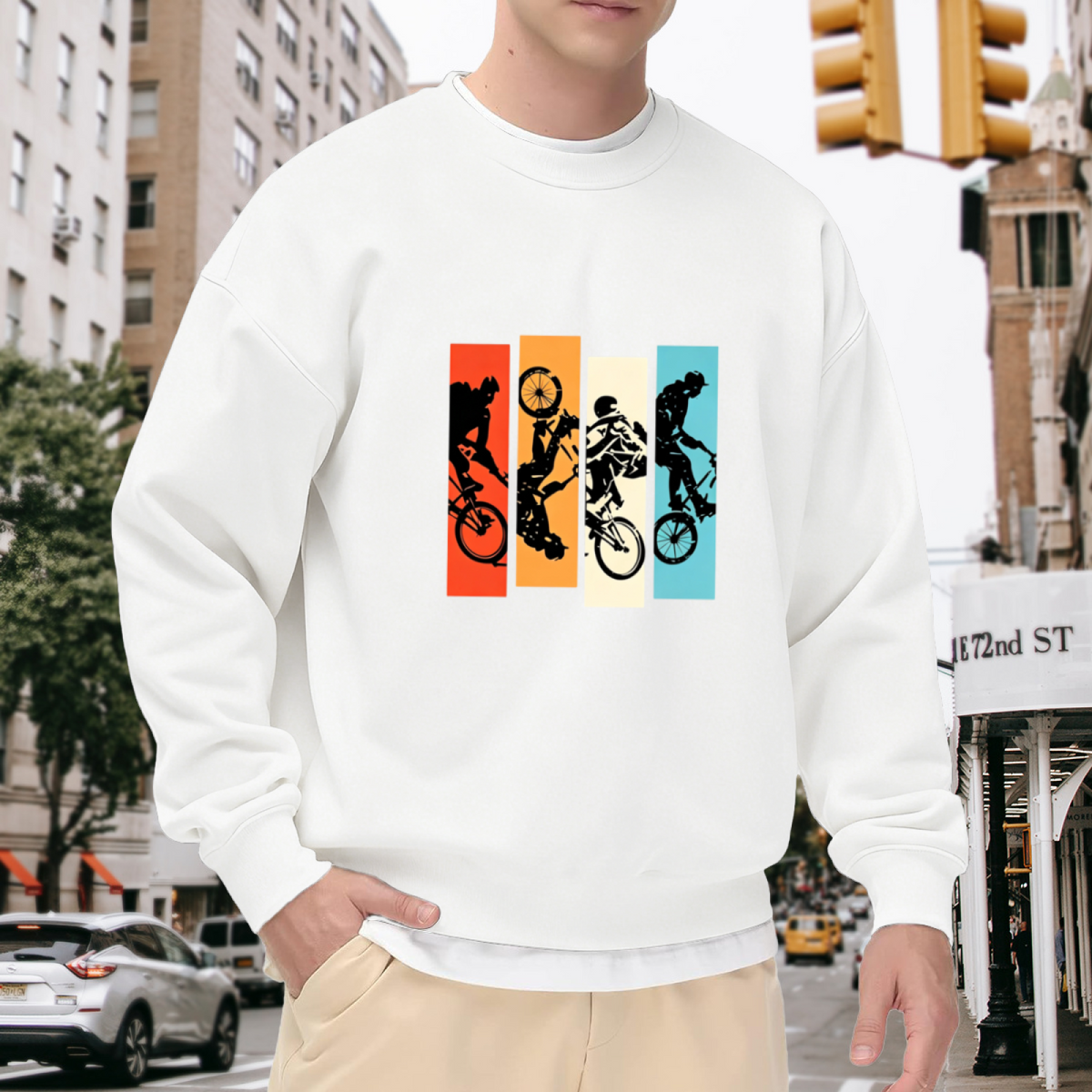 Retro Color Block BMX Rider Silhouette White Crewneck Sweatshirt