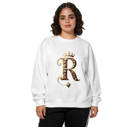 Luxury Jeweled Crown Letter R Statement Crewneck Sweatshirt