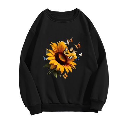 Bright Sunflower & Butterflies Nature Theme Black Crewneck Sweatshirt