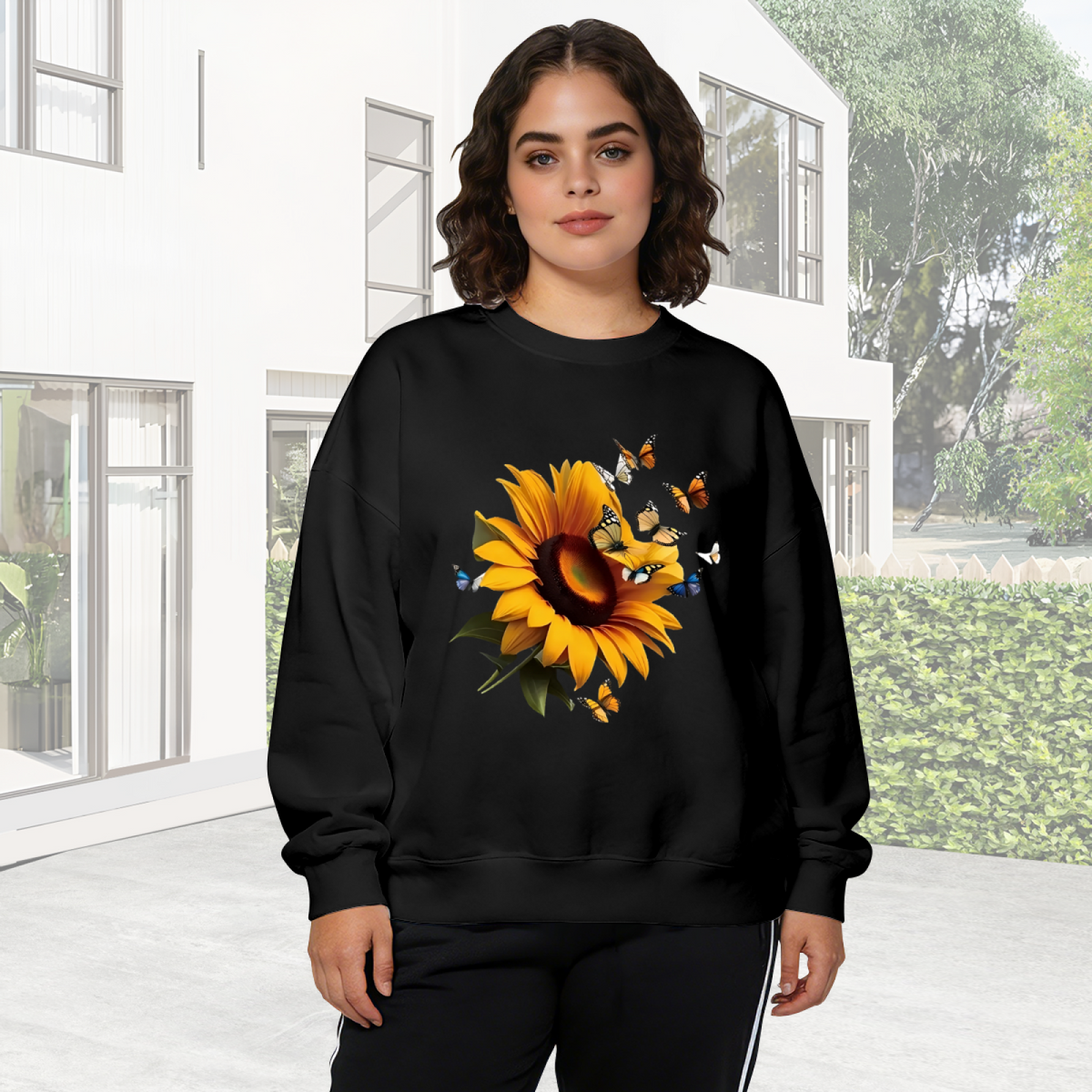 Bright Sunflower & Butterflies Nature Theme Black Crewneck Sweatshirt