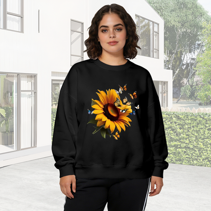 Bright Sunflower & Butterflies Nature Theme Black Crewneck Sweatshirt
