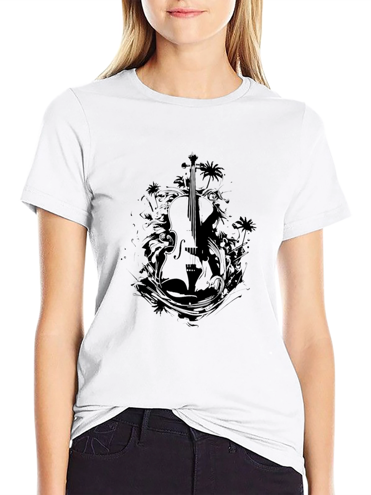 Stylish Black Violin Graphic T-Shirt