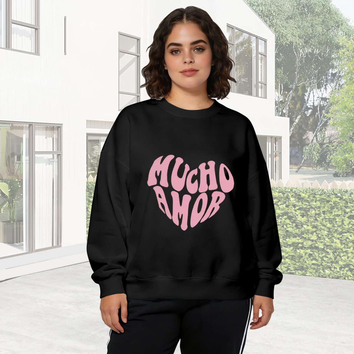 Mucho Amor Retro Bubble?Font Pink Heart?Shape Crewneck Sweatshirt