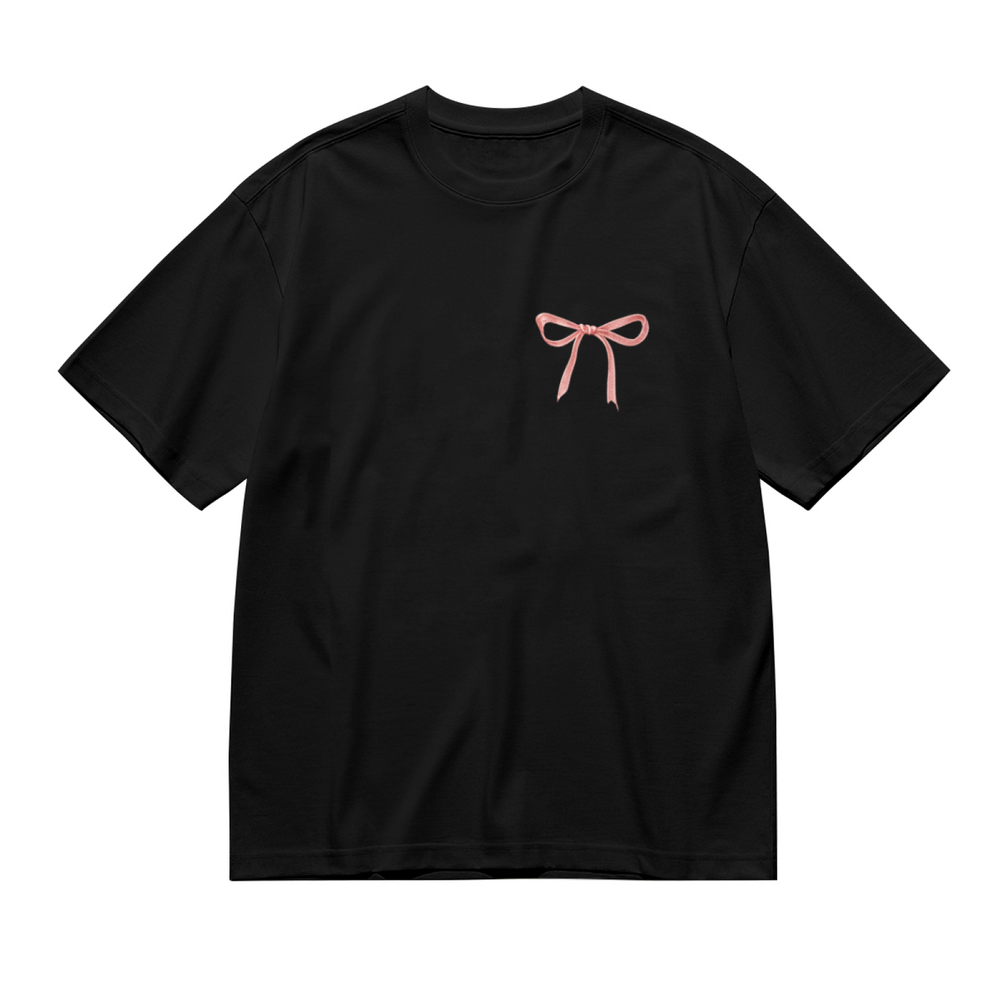 Minimal Coquette Pink Bow Chest Simple Black Tee