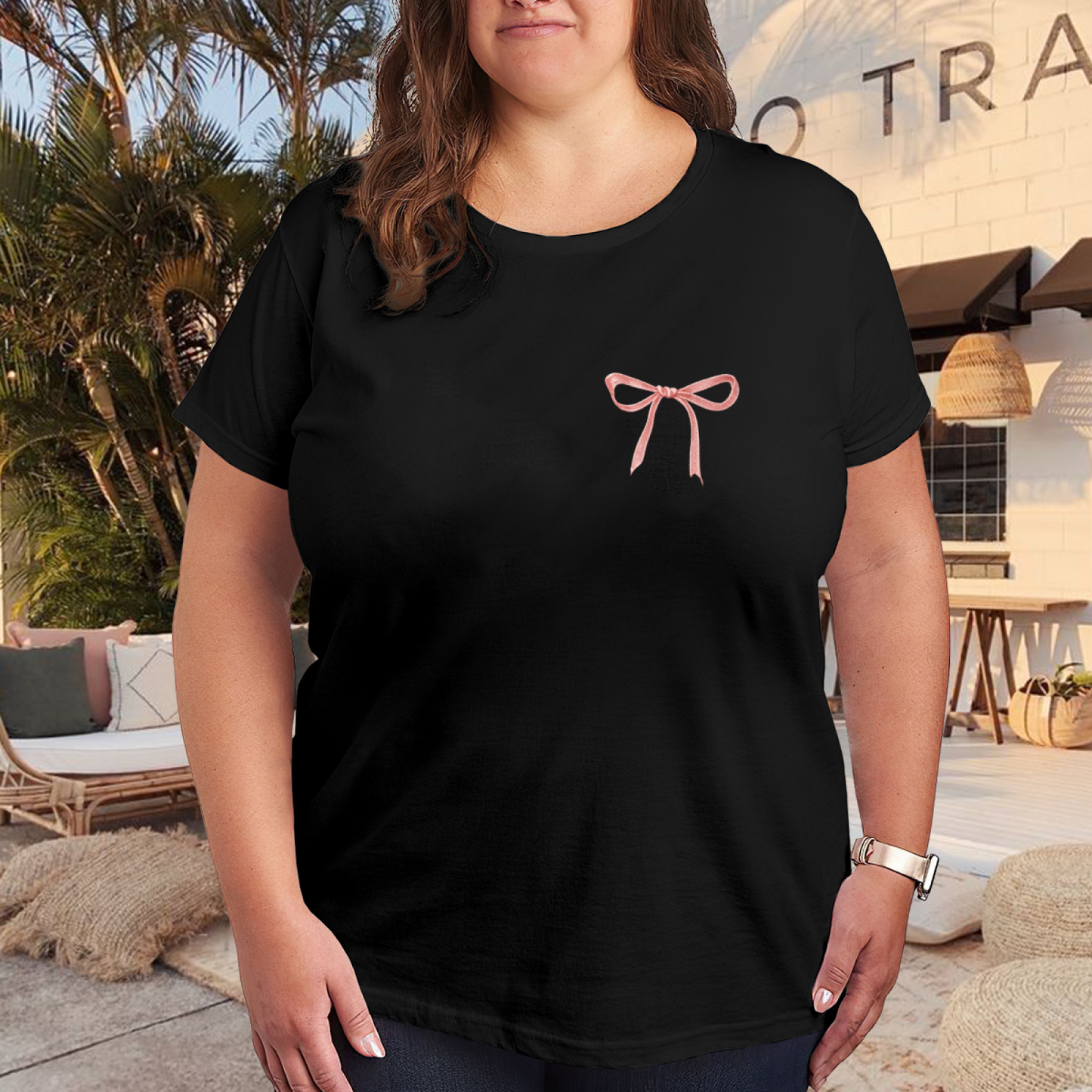 Minimal Coquette Pink Bow Chest Simple Black Tee
