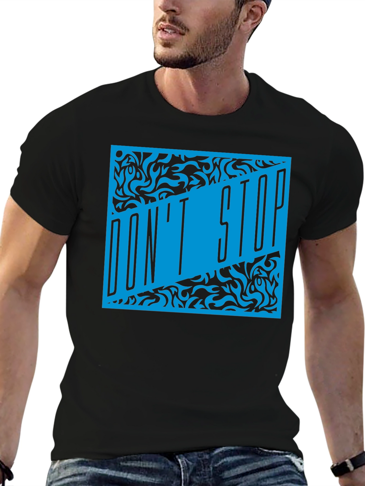 Dont Stop Black T-Shirt with Blue Graphic Design