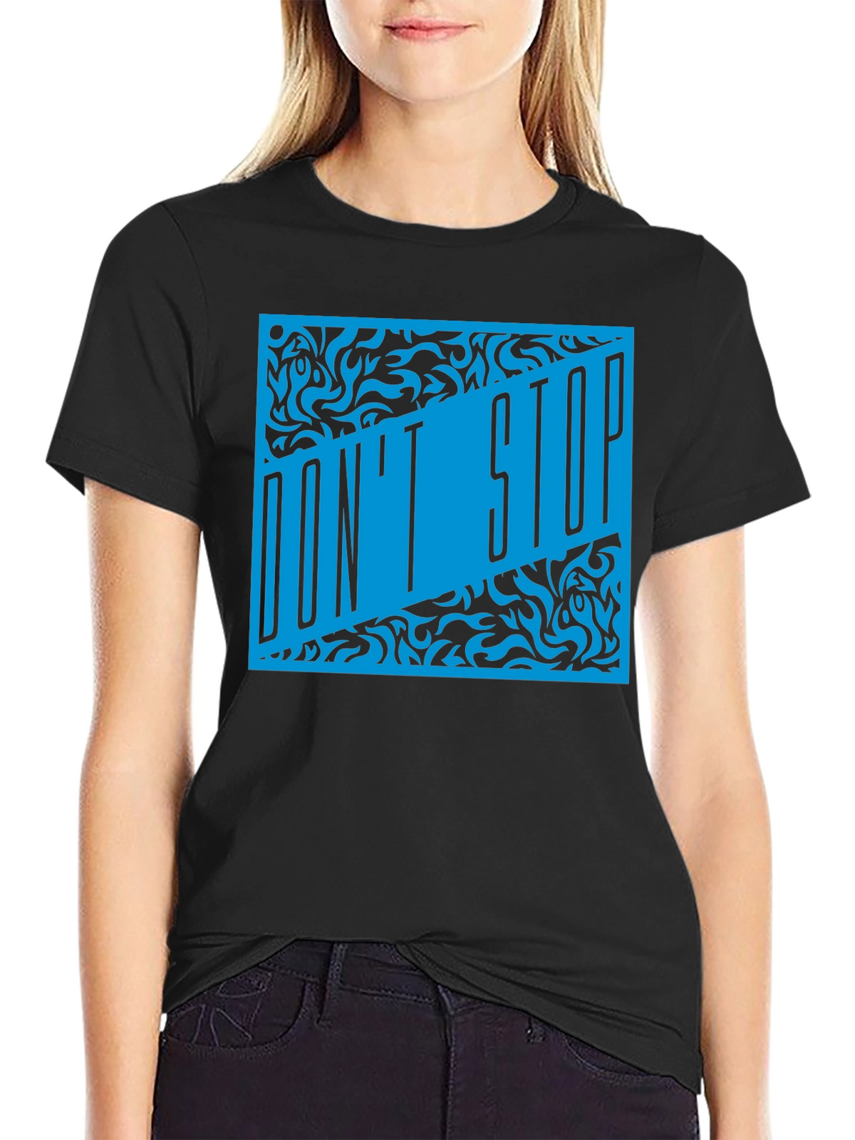 Dont Stop Black T-Shirt with Blue Graphic Design