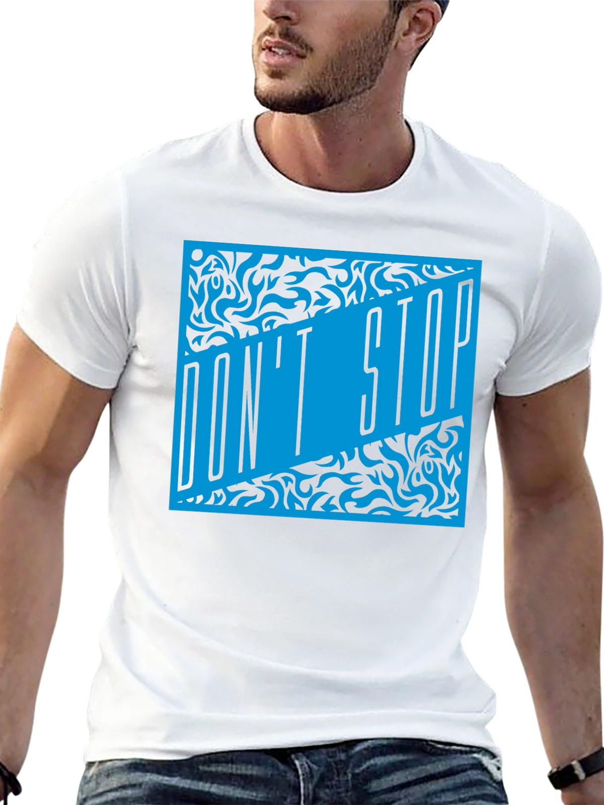 Dont Stop Black T-Shirt with Blue Graphic Design