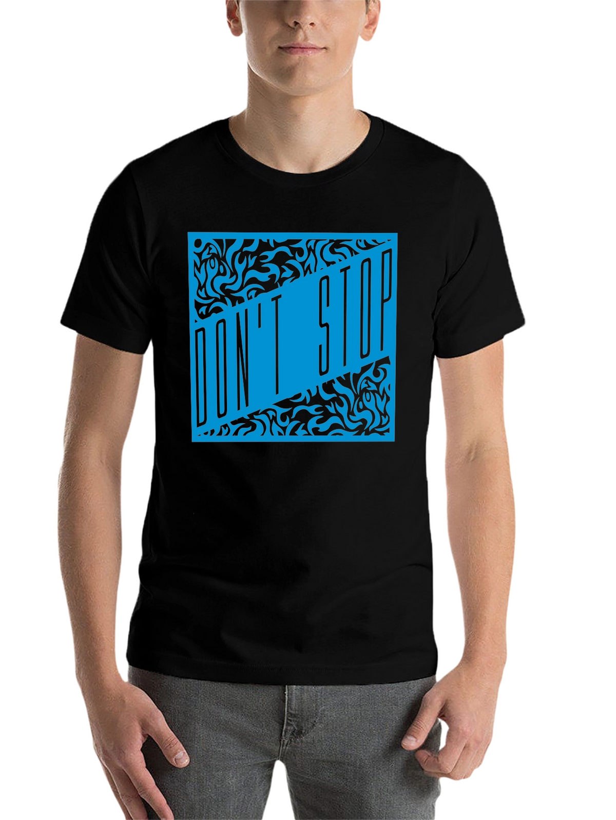 Dont Stop Black T-Shirt with Blue Graphic Design