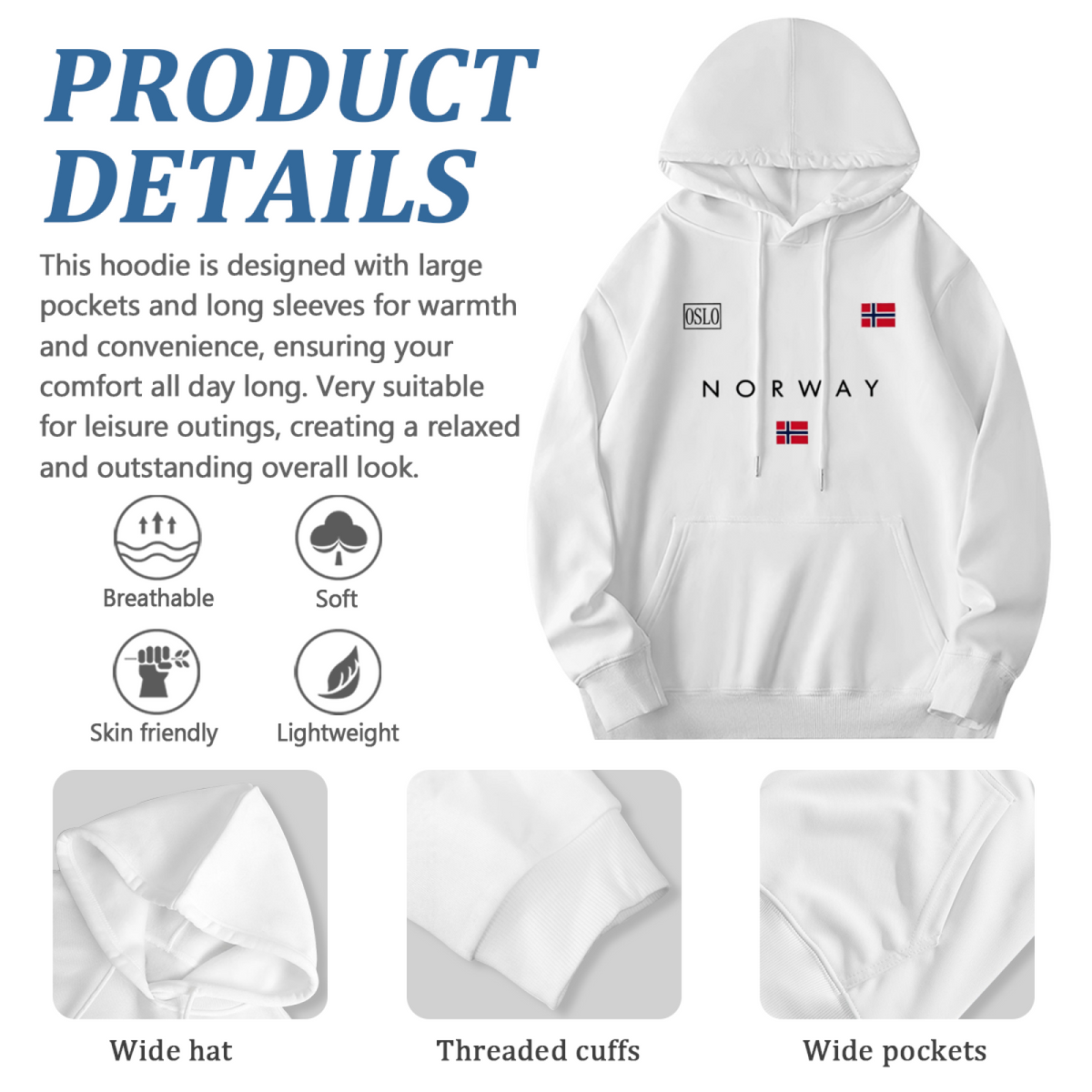 Oslo Norway Flag Minimal Print White Hoodie