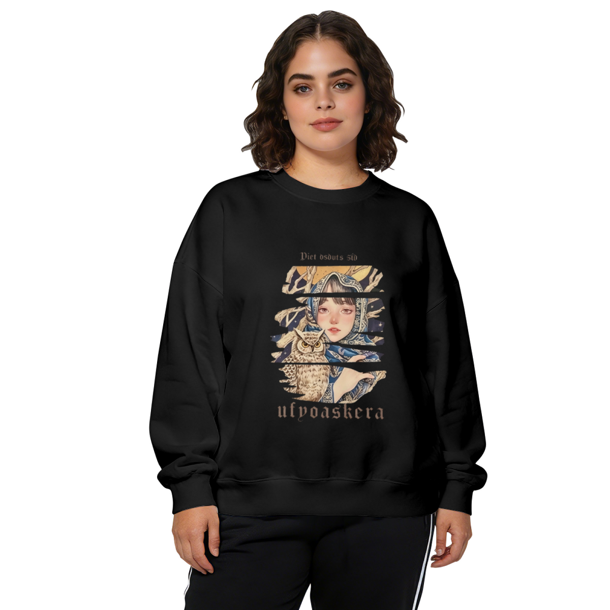Mystic Girl And Owl Vintage Art Print Crewneck Sweatshirt