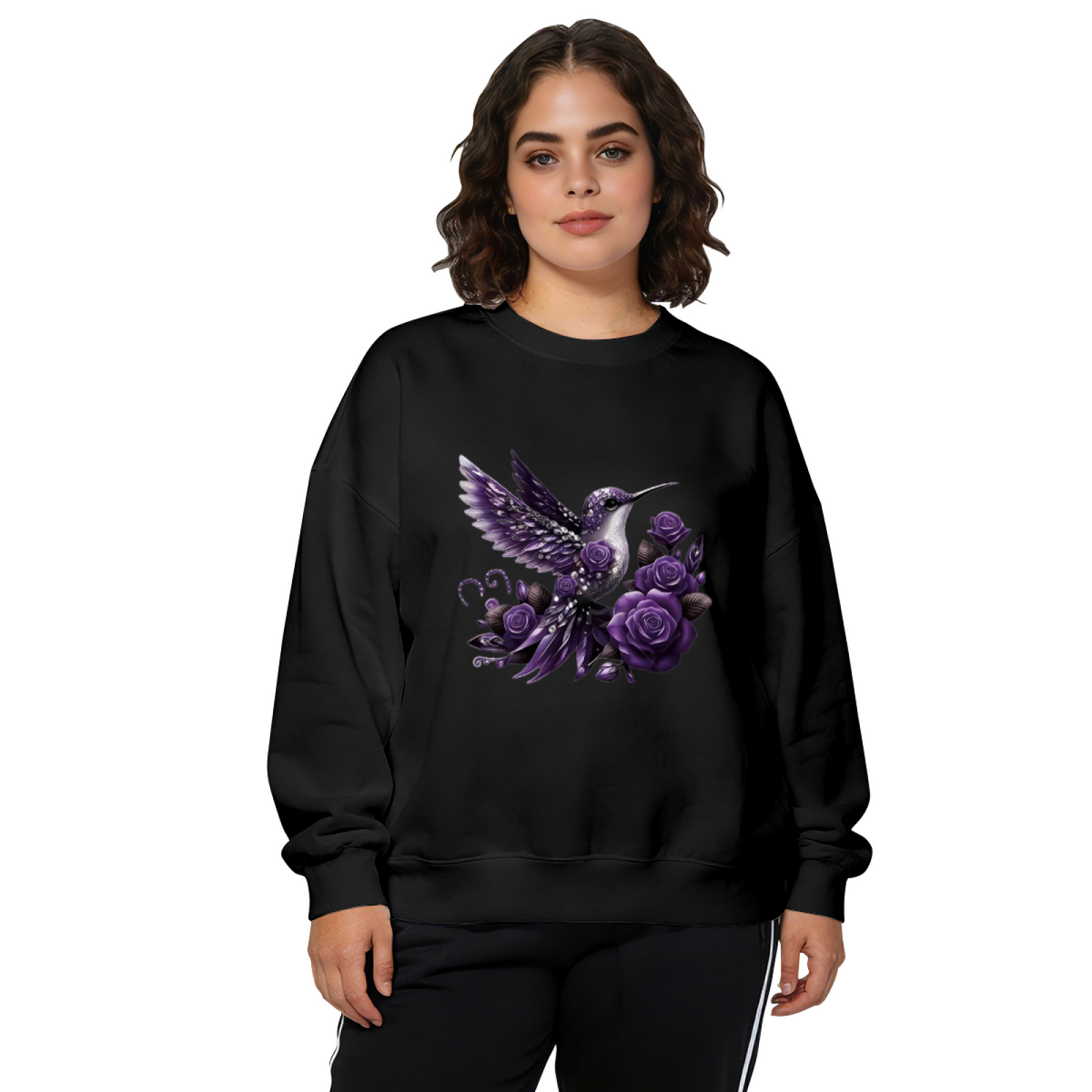 Dreamy Purple Hummingbird With Gothic Purple Roses Crewneck Sweatshirt