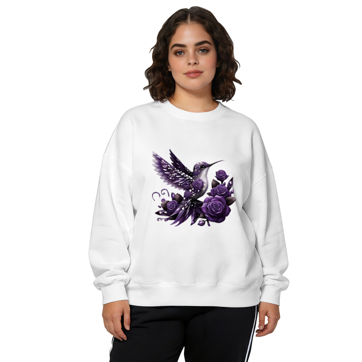 Dreamy Purple Hummingbird With Gothic Purple Roses Crewneck Sweatshirt