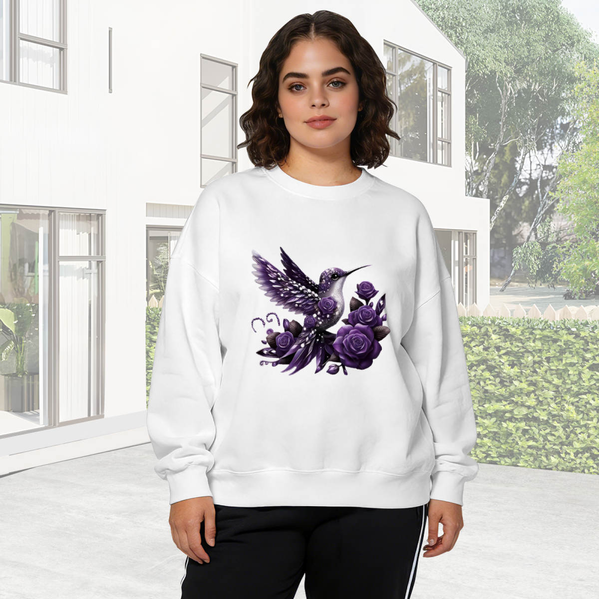 Dreamy Purple Hummingbird With Gothic Purple Roses Crewneck Sweatshirt