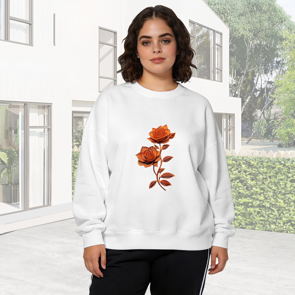 Stylish Orange Rose Art Print Crewneck Sweatshirt