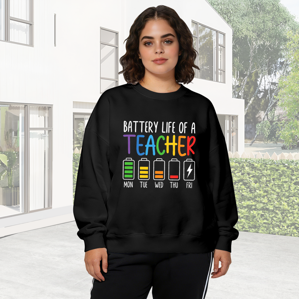 Funny Teacher Battery Life Weekly Mood Crewneck Sweatshirt