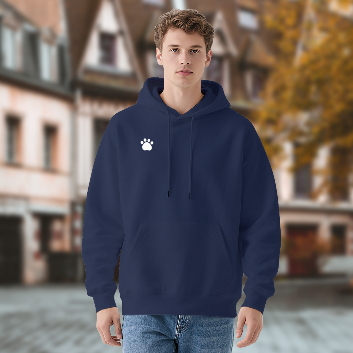 Tiny White Paw Logo Simple Navy Hoodie