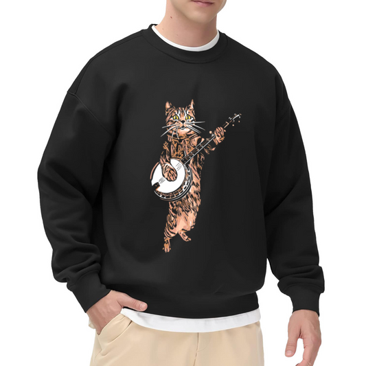Cool Banjo?Playing Retro Music Cat Graphic Crewneck Sweatshirt