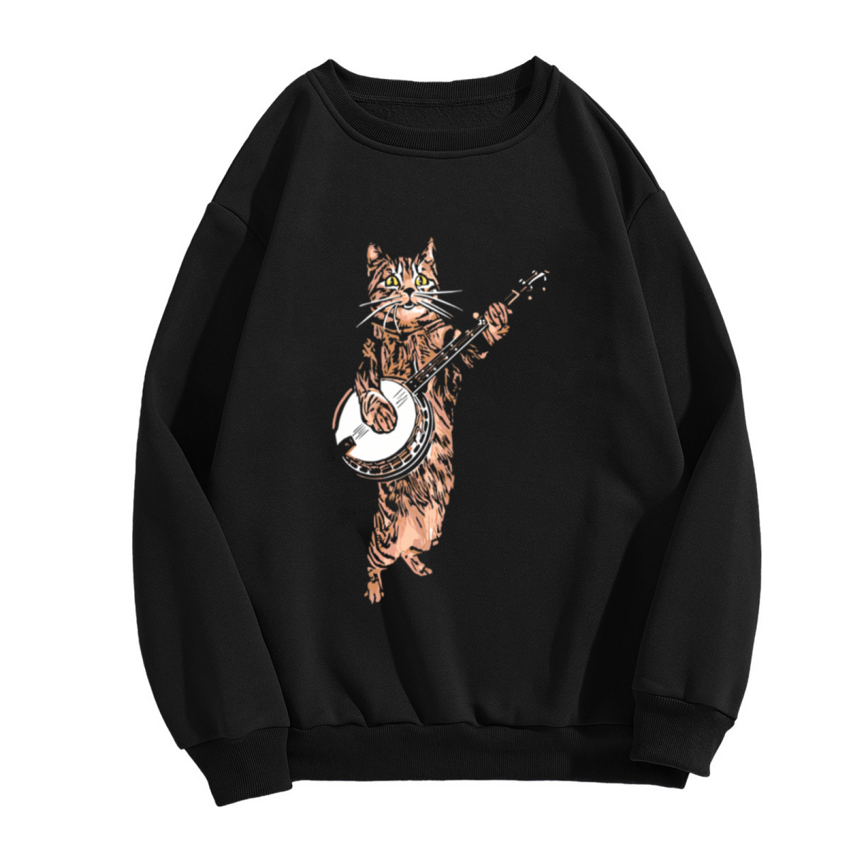 Cool Banjo?Playing Retro Music Cat Graphic Crewneck Sweatshirt