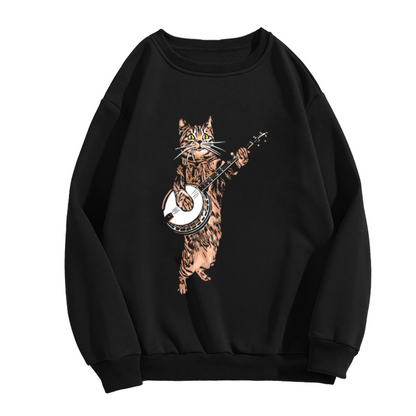 Cool Banjo?Playing Retro Music Cat Graphic Crewneck Sweatshirt