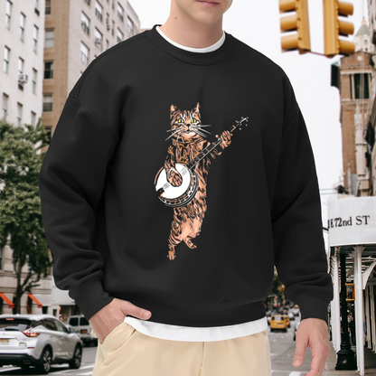 Cool Banjo?Playing Retro Music Cat Graphic Crewneck Sweatshirt