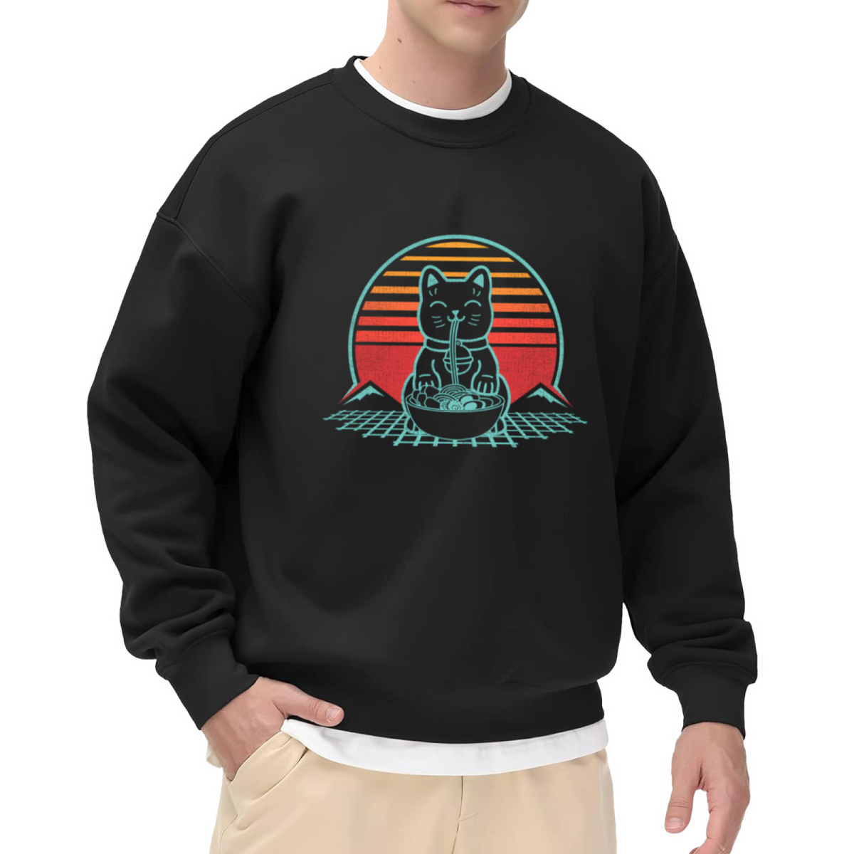 Retro Vaporwave Maneki Neko Eating Ramen Crewneck Sweatshirt Japanese Style Cat Pullover