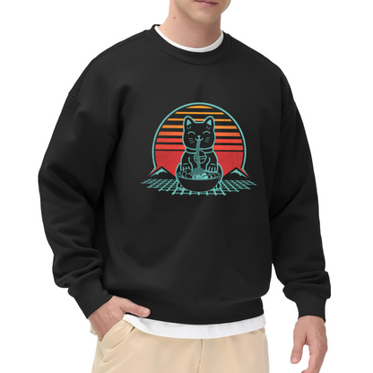 Retro Vaporwave Maneki Neko Eating Ramen Crewneck Sweatshirt Japanese Style Cat Pullover