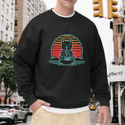 Retro Vaporwave Maneki Neko Eating Ramen Crewneck Sweatshirt Japanese Style Cat Pullover