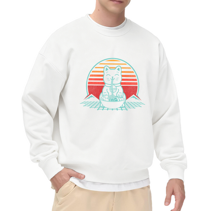 Retro Vaporwave Maneki Neko Eating Ramen Crewneck Sweatshirt Japanese Style Cat Pullover