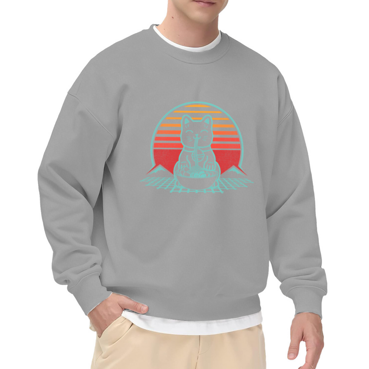 Retro Vaporwave Maneki Neko Eating Ramen Crewneck Sweatshirt Japanese Style Cat Pullover