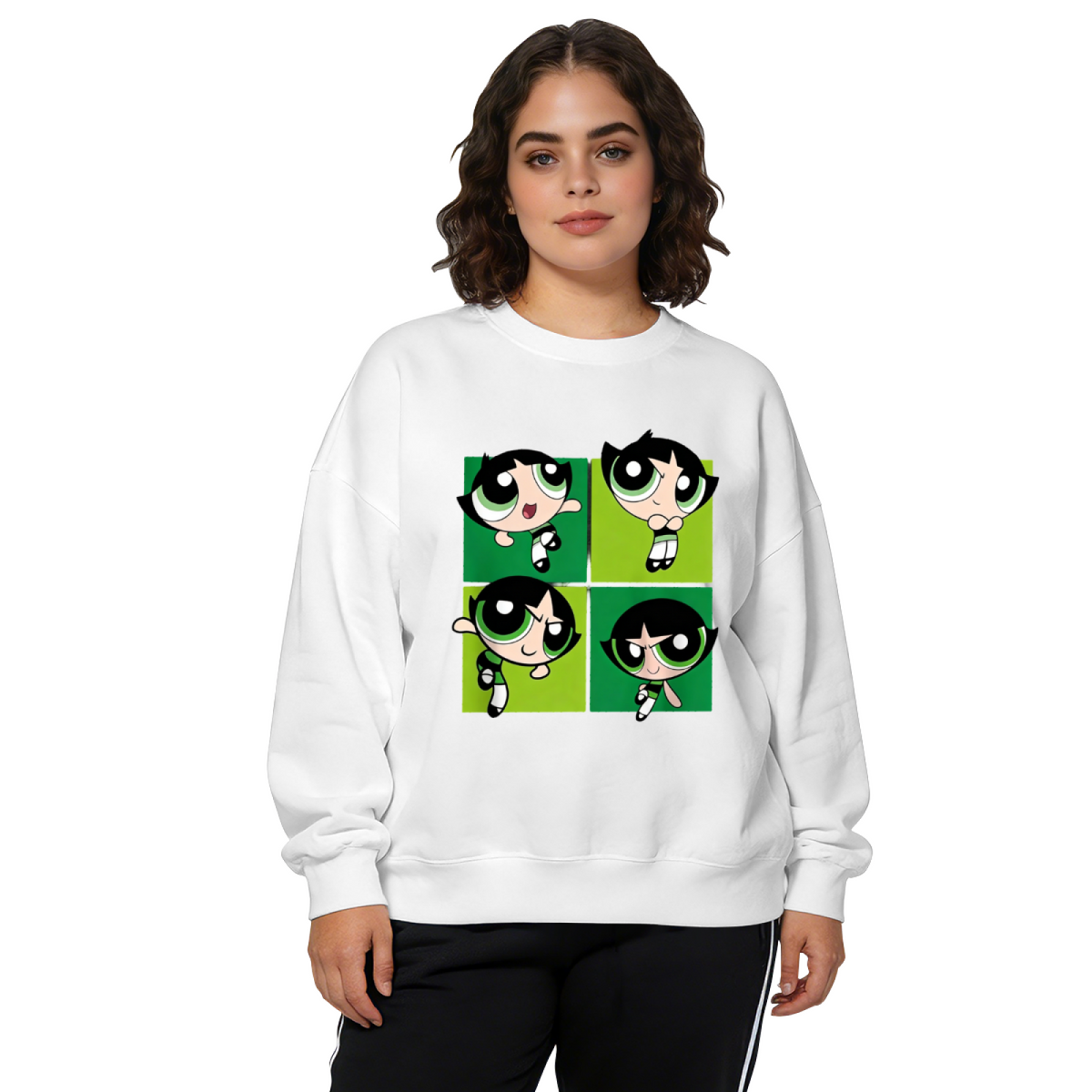 Cute Buttercup Four?Grid Cartoon Print Crewneck Sweatshirt